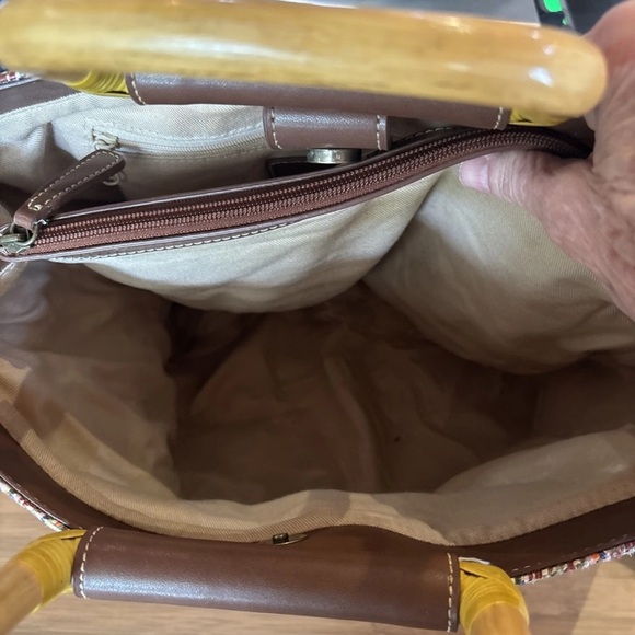Fossil Handcrafted  Bag 14”L 11”H Wood Handles & Shoulder Strap Weave Multicolor - Picture 11 of 13